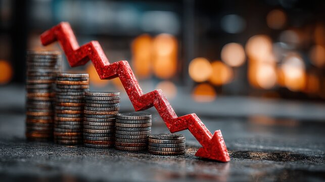 Economic Downturn: A visual representation of financial challenges, featuring stacks of coins and a descending red arrow against a blurred backdrop, symbolizing economic contraction. Generative Ai