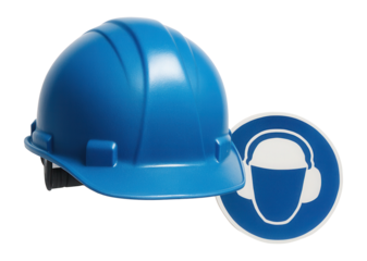 Blue circular safety helmet and hearing protection required sign with helmet and earmuff icon