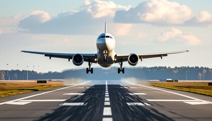 Obraz premium Airplane takeoff captured with minimalist style, professional photography, no distortion, clean colors