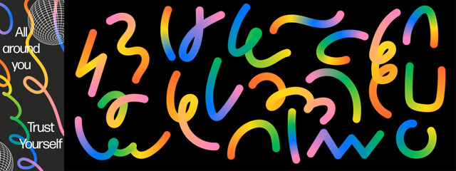 Colorful squiggle swirl element set. Vibrant gradient doodle lines. Rainbow shapes in playful style.