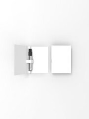 Perfume tester glass bottles with paper packaging. Fragrance sample in transparent tubes, 3d illustration. Illustration vector.