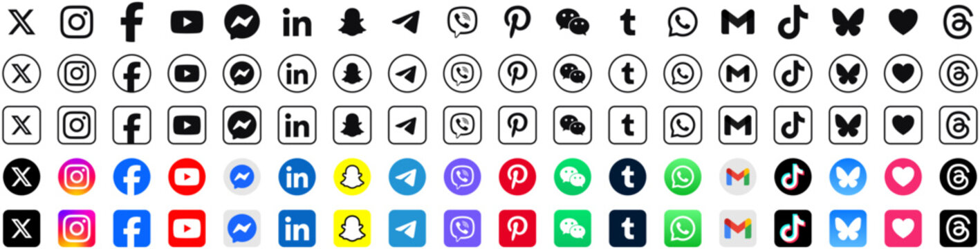 social media icon set or social network logos , Facebook, messenger, instagram, bluesky, x, youtube, gmail, whatsapp, telegram, snapchat, tiktok, flat vector icon . Contact us web icons set