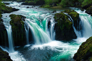 Obraz premium Powerful Turquoise Waterfall Cascading Over Mossy Rocks in a Lush Forest nature river