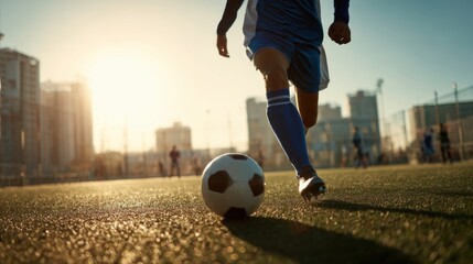 A young soccer player in shorts and jersey skillfully dribbles a ball across a well-maintained field. The sun sets in the background, casting a warm glow on the lively practice