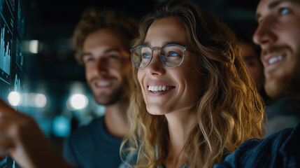 Focused on the Future: A team of young professionals clusters around a high-tech screen, their faces lit with curiosity and determination, exploring a world of information and innovation.
