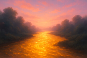 Fototapeta premium A river flowing with liquid gold under a pastel sky, surreal dreamy, cinematic glow.
