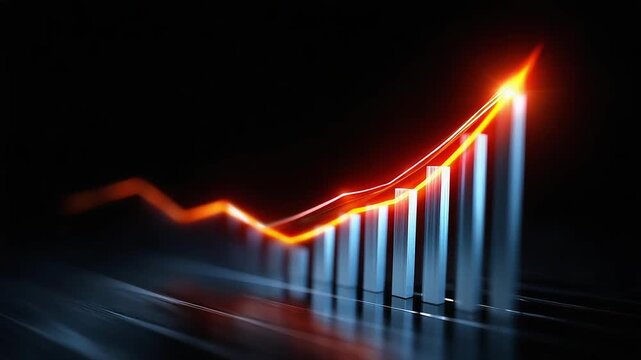 A bar chart with blue vertical bars and an orange rising trend line against a dark background.