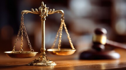 Scales of justice sit on a wooden table beside a gavel, symbolizing fairness and law. This setup highlights the judicial process in an elegant courtroom environment