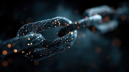 Interconnectedness Concept: A heavy chain, adorned with glowing particles. the image conveys concepts of strength, connection, and unity, set against a dark background. Generative Ai