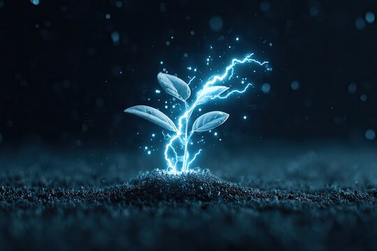Small glowing plant bursts with electric blue light in dark soil