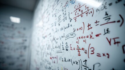 A whiteboard filled with intricate mathematical equations and symbols showcases the intense study session of students preparing for an examination. The various calculations reflect effort and focus