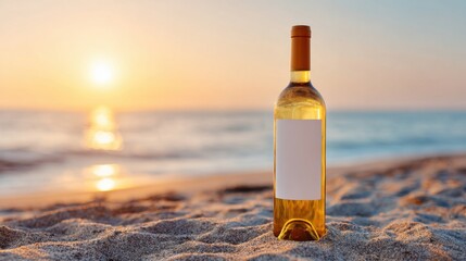 A bottle of white wine stands on warm sand as the sun sets on the horizon, casting a golden glow over the peaceful beach and gentle ocean waves, creating a serene atmosphere
