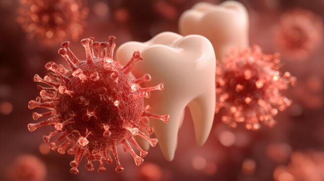 The representation highlights the connection between viruses and dental health. It shows a virus approaching a tooth, emphasizing the importance of oral hygiene amidst health concerns