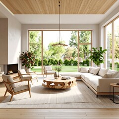 Modern, light-filled living room with natural elements