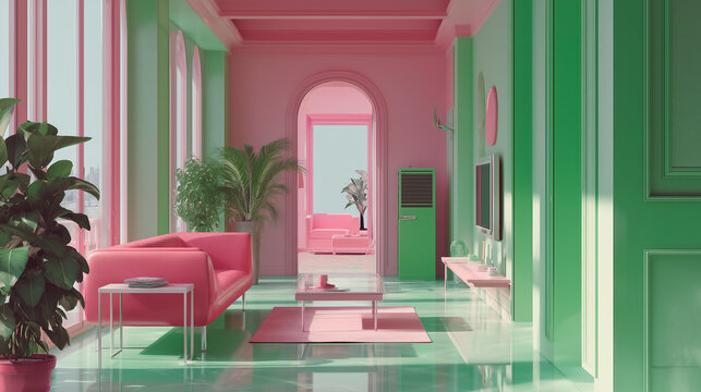 Minimal Strange Pink and Green Feminine Interior Design with White Space