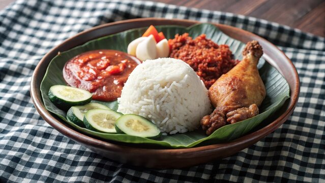 steaming bowl of nasi ayam penyet with sambal belacan