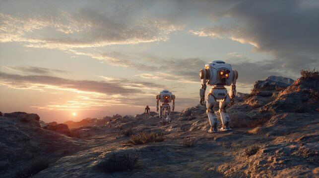 A group of robots navigates a rocky terrain under a colorful sunset. A human figure stands nearby, observing the technological exploration in an extraterrestrial setting