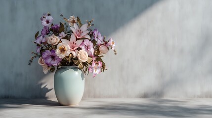 Bouquet Mockup With Assorted Pastel Roses And Lilies Arranged In A Stylish Minimal Ceramic Vase, Placed On A Smooth Concrete Surface With Cinematic Shadows, Ultra Sharp Q4 Clarity 