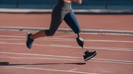 Inspirational female disabled athlete running with prosthetic leg on outdoor track, showcasing strength, determination, and inclusive sports performance