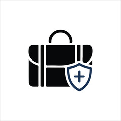 Briefcase with shield and plus sign icon representing business insurance or health coverage luggage