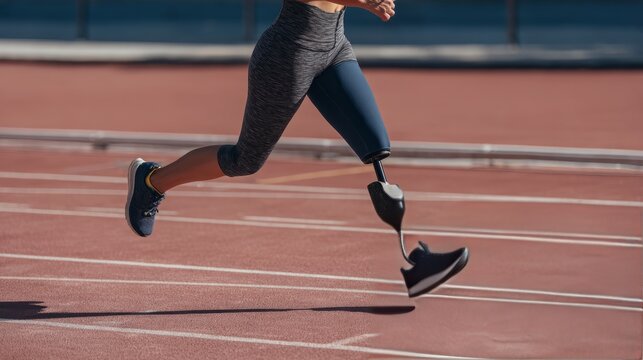 Inspirational female disabled athlete running with prosthetic leg on outdoor track, showcasing strength, determination, and inclusive sports performance