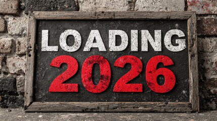 Loading 2026 Concept: A rustic chalkboard announces the arrival of the year 2026, suggesting anticipation, planning, or the potential of new beginnings. It conveys a sense of time and the future.