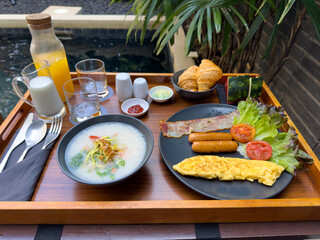 A Sumptuous Breakfast Spread: An overhead shot presents a delightful breakfast arrangement, inviting you to savor the moment with delectable pastries and refreshing beverages.