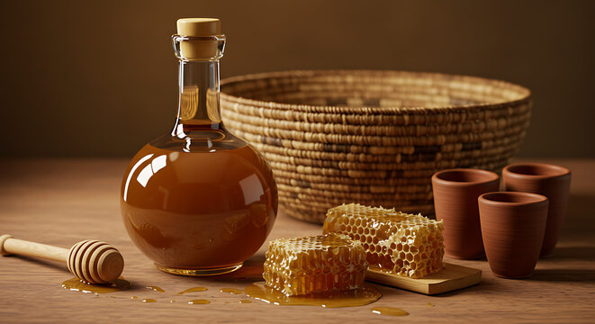 A rounded berele bottle of Ethiopian honey wine (Tej) with golden liquid inside, placed beside honeycomb, clay cups, and woven basket backdrop. Warm cultural still-life composition.