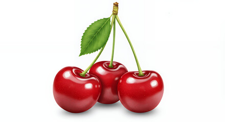 Fresh Red Cherries with Green Leaf on White Background for Healthy Food and Fruit Marketing
