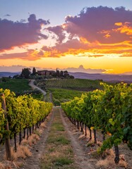 Naklejka premium A scenic vineyard pathway leads through lush green rows of vines under a vibrant sunset sky.