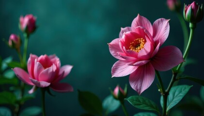 Fototapeta premium Dark moody floral macro Lush green-blue backdrop, abstract blooms , floral art, copyspace, macro photography