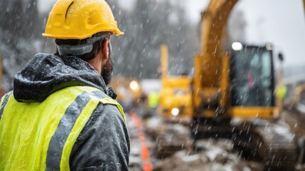 A construction worker wearing a hard hat and reflective vest watches as heavy machinery operates amidst falling snow. The wintry conditions create a challenging work environment