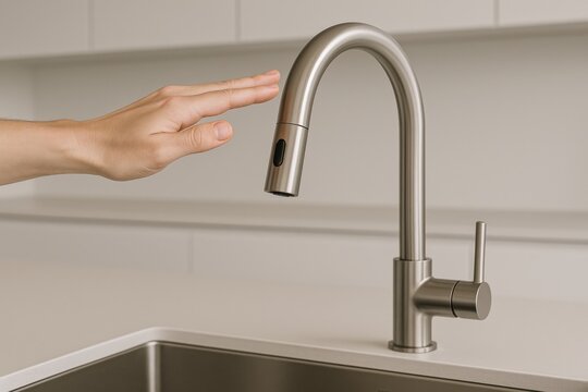 touchless invention concept. Modern kitchen faucet with touchless activation feature in action.