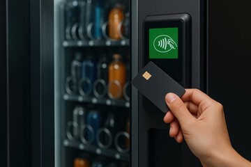 touchless invention concept. A hand using a card near a vending machine display.
