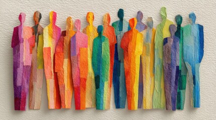 A collection of brightly colored paper cutouts depicting diverse human figures, representing unity and diversity, set against a soft light backdrop. The figures showcase various colors and shapes