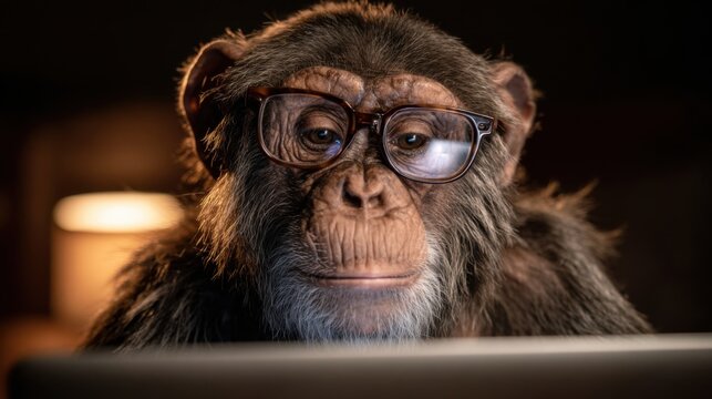 A monkey with glasses sits in front of a laptop, focused on the screen. The dimly lit indoor space creates a warm atmosphere, hinting at nighttime activities related to technology or study
