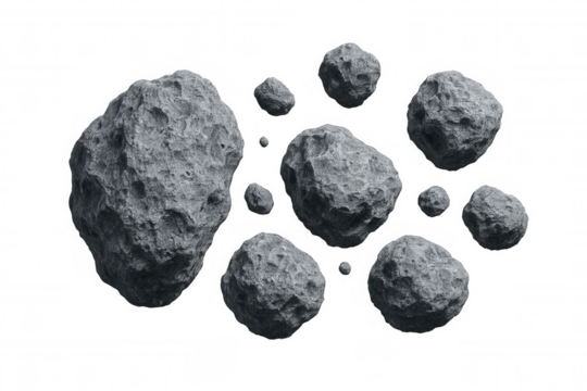 Group of asteroids floating in space on transparent background, ideal for space-themed projects
