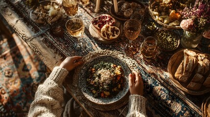 Gathering of friends enjoying a hearty Thanksgiving meal with an array of dishes and festive decorations in a warm setting