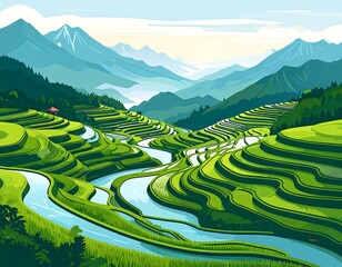 Lush green rice terraces cascade down mountain slopes, intersected by a meandering river