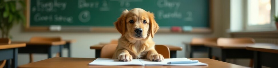 Golden retriever puppy sits in classroom desk, animal, dog at school, retriever