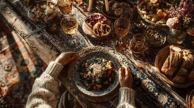 Gathering of friends enjoying a hearty Thanksgiving meal with an array of dishes and festive decorations in a warm setting
