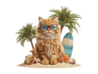 Adorable ginger cat enjoying a tropical beach vacation, wearing sunglasses isolated on transparent background png