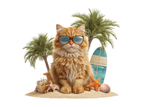 Adorable ginger cat enjoying a tropical beach vacation, wearing sunglasses isolated on transparent background png