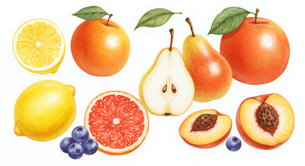 Assorted Fresh Fruits Including Lemons Oranges Pears Grapefruit and Blueberries on White Background
