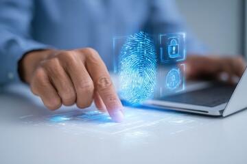 Person using a biometric fingerprint scanner on a laptop