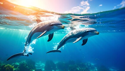 Naklejka premium Dolphins leaping in the ocean