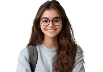 a smiling female student with glasses, wearing a gray sweatshirt and backpack, isolated on a transparent png background.