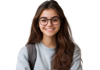 a smiling female student with glasses, wearing a gray sweatshirt and backpack, isolated on a transparent png background.