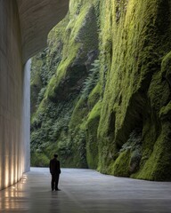 Concrete tunnel, mossy rock face, solitary figure