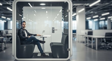 Modern Office Privacy Booth with Man Working on Laptop Providing Quiet Workspace Solution for Focused Work and Increased Productivity in Open Plan Office Environment